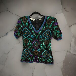 Vintage Lawrence Kazar Black, Purple, Teal Beaded Sequin Silk Blouse Size Small
